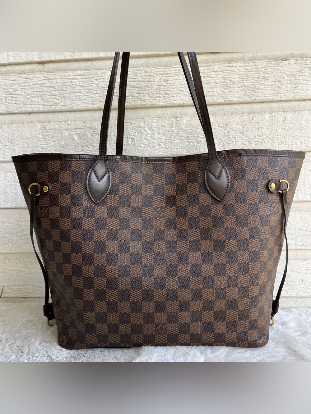 LOUIS VUITTON Neverfull Ebene Damier MM Medium Tote Shoulder Bag Red Lining